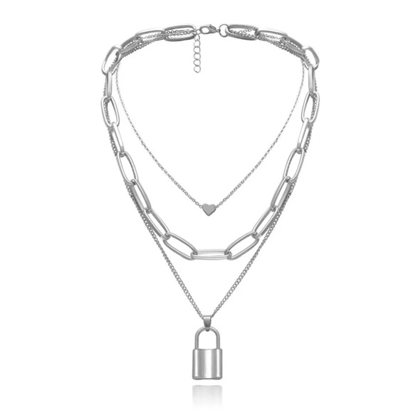 Silver Multi Layered Lock & Heart Chain Necklace - Picture 2 of 5